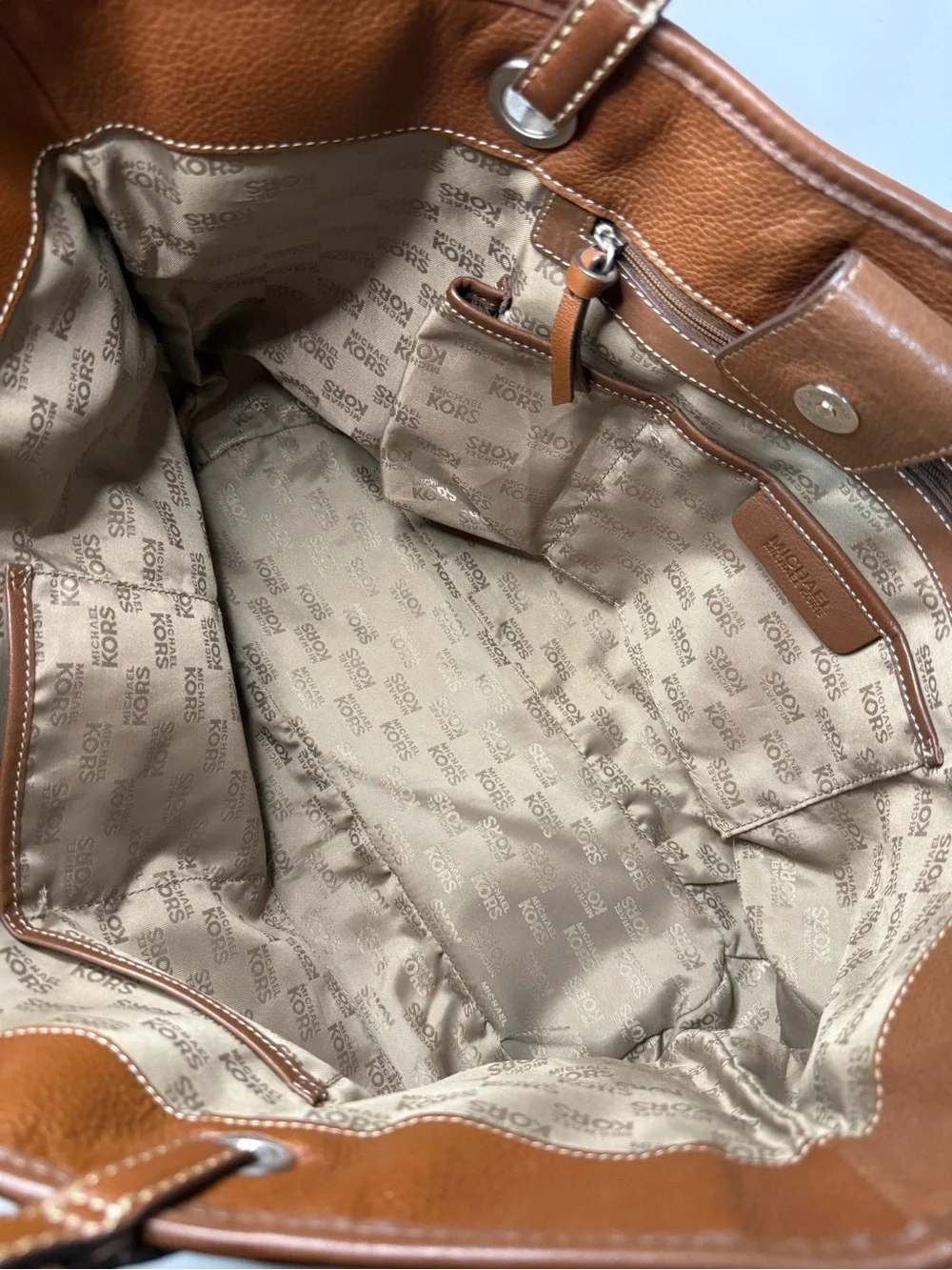 Michael Kors Tan Beige MK Signature Tote with Brown Trim
